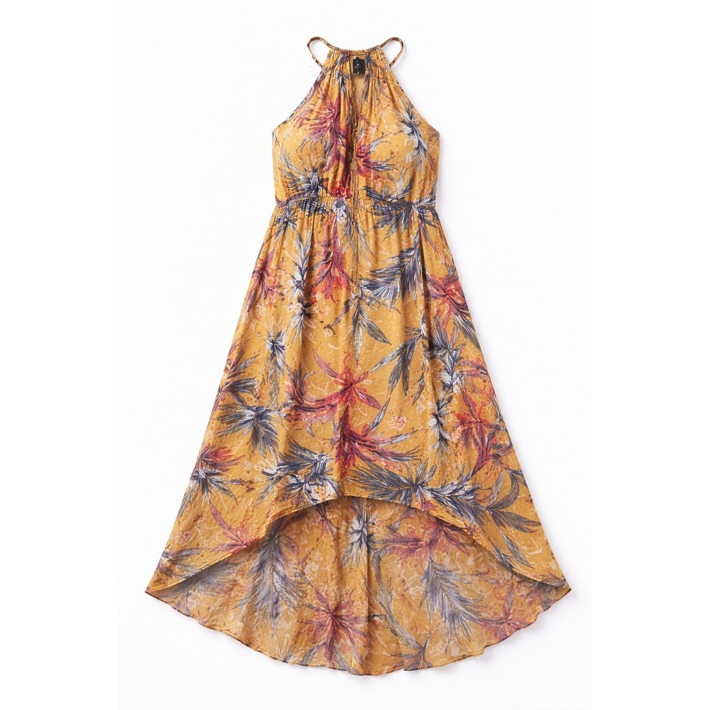 Mlle Gabrielle Tropical High Low Maxi Dress 1X Halter Flowy Keyhole Front Resort